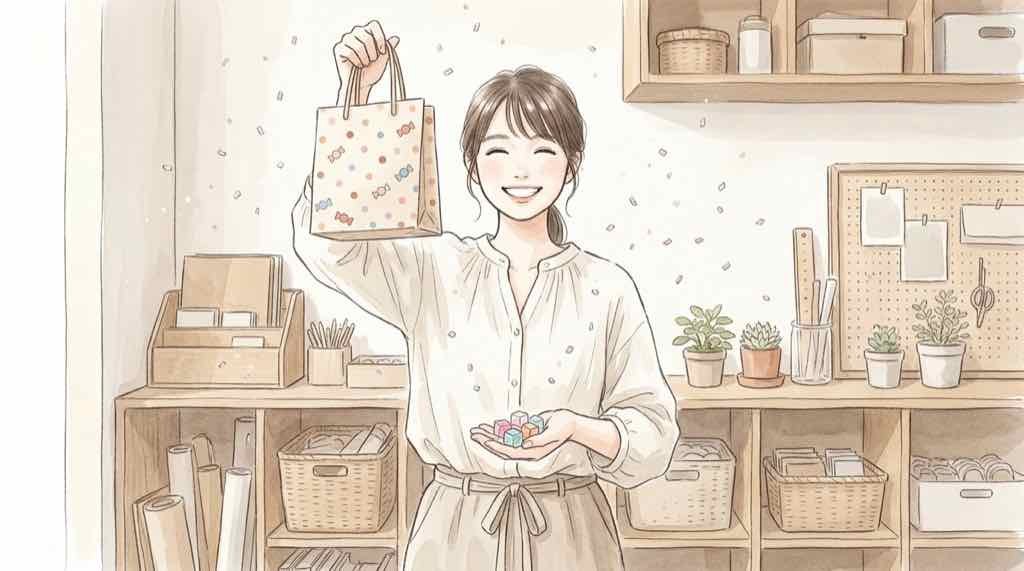 はなまるおばけのノベルティ特典アクリルパーツとショッパーを受け取る女性の水彩イラスト