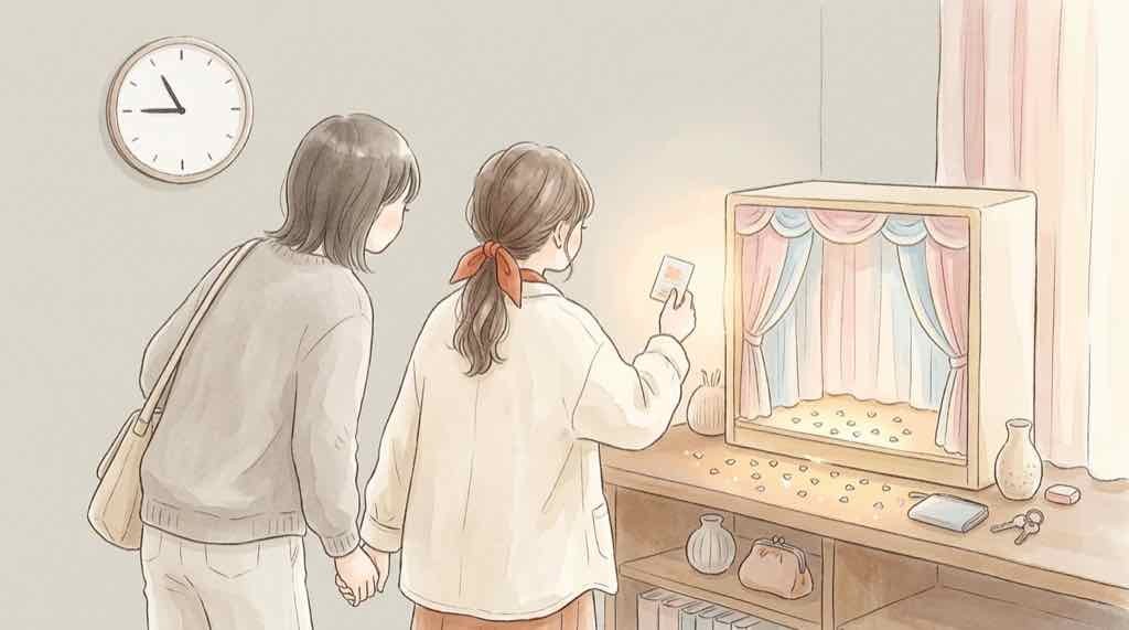 はなまるおばけのまるまるグリーティングの抽選券と当選発表の時間を確認する水彩イラスト