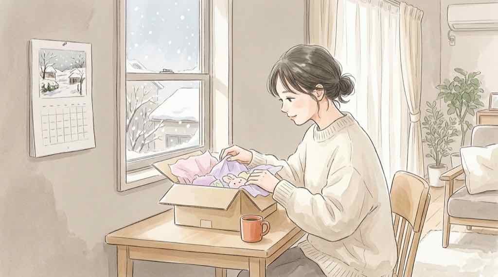 はなまるおばけの通販を注文して2027年の発送を待つ女性の水彩イラスト