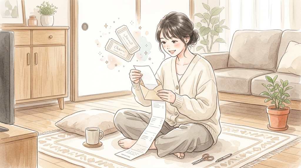 ハッピーセットUSJのチケット応募フロー。レシートの画像をアップロードする流れを描いた水彩イラスト