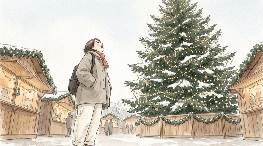 ハーモニーランド クリスマス2026を楽しみにする女性とサンリオキャラクターの冬の園内