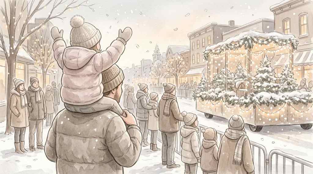 パレードパラレル最後のクリスマス版を見届ける親子とキャラクターの行進