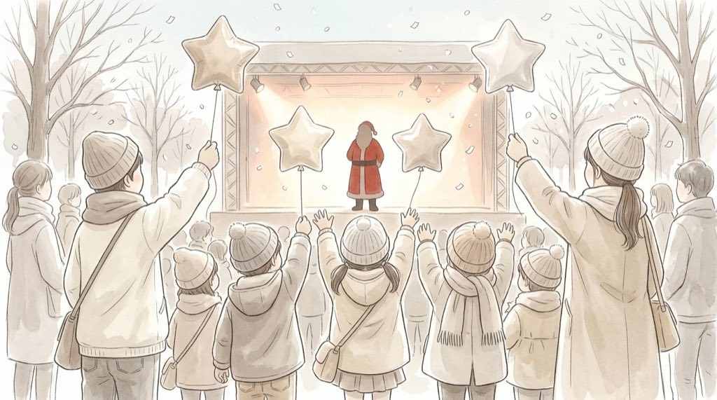 MERRY WHITE CHRISTMASでスターバルーンを振る子どもたちとホワイトコーデのキャラクター