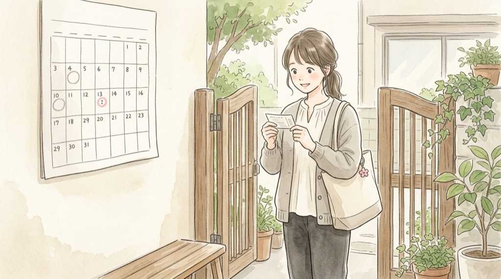 ハローキティ ラウンジの予約画面と当日枠を確認する女性のイラスト