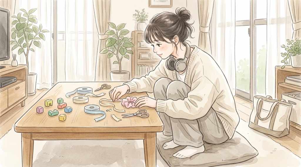 キティ ラウンジ無料のシュシュ作りとBGM制作を楽しむ女性のイラスト