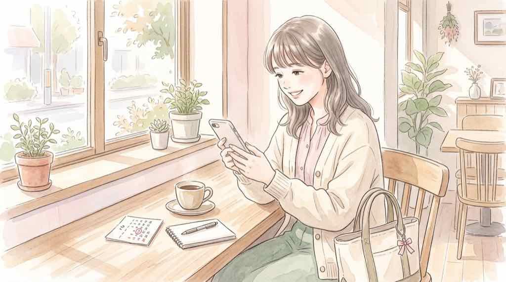 Hello Kitty's Lounge 予約の流れ。LINEの予約画面をスマホで確認する女性のイメージ