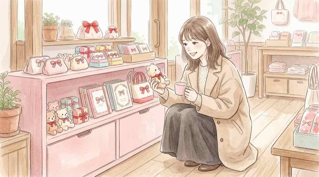 Hello Kitty's Lounge 限定グッズ。ピンクのリボンモチーフのグッズを選ぶ女性のイメージ