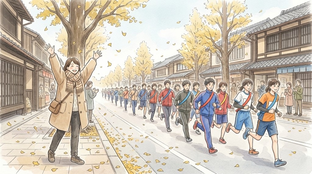 全国高校駅伝2026の都大路を駆けるランナーたちを描いた水彩イラスト