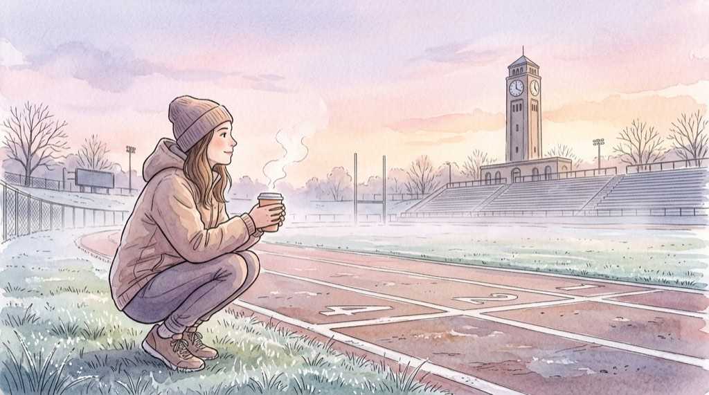 全国高校駅伝2026のスタート時間を待つ冬の京都の朝を描いた水彩イラスト