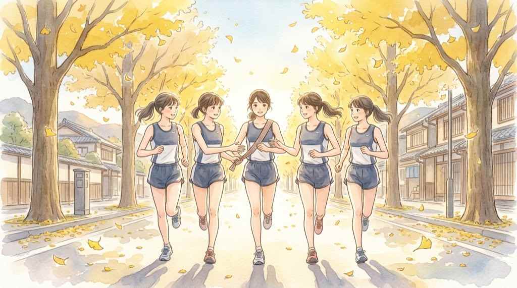 全国高校駅伝2026の女子優勝候補の争いをイメージした水彩イラスト