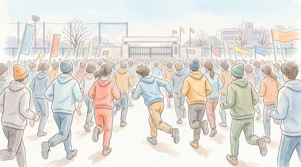 全国高校駅伝の1区でスタートを切る選手たちを描いた水彩イラスト