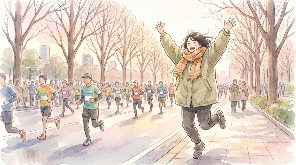 防府読売マラソン2026のスタート前、期待に胸をふくらませるランナーと観戦者を描いたイラスト