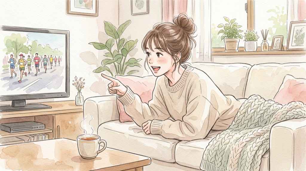 防府読売マラソン2026の放送を待つ、リビングでテレビの前に座る女性のイラスト