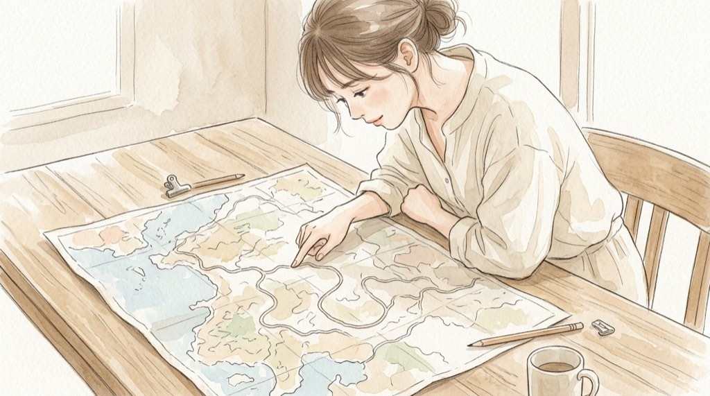 防府読売マラソン2026の新コースを、地図で確かめる女性のイラスト