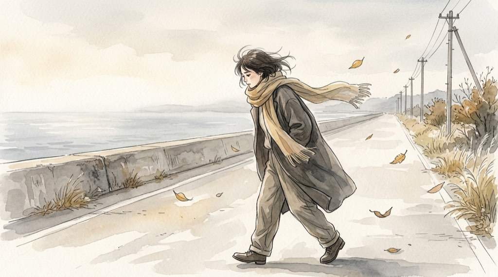 防府読売マラソンの30km過ぎ、風の中を走るランナーを描いたイラスト