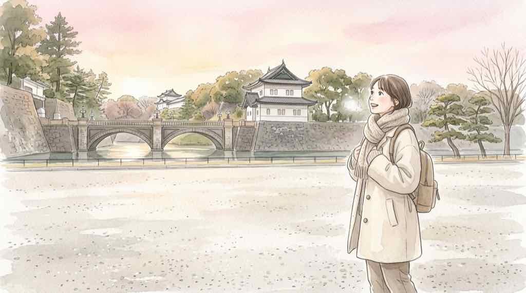 皇居の一般参賀2027を初めて訪れる女性が持ち物を確認するイラスト