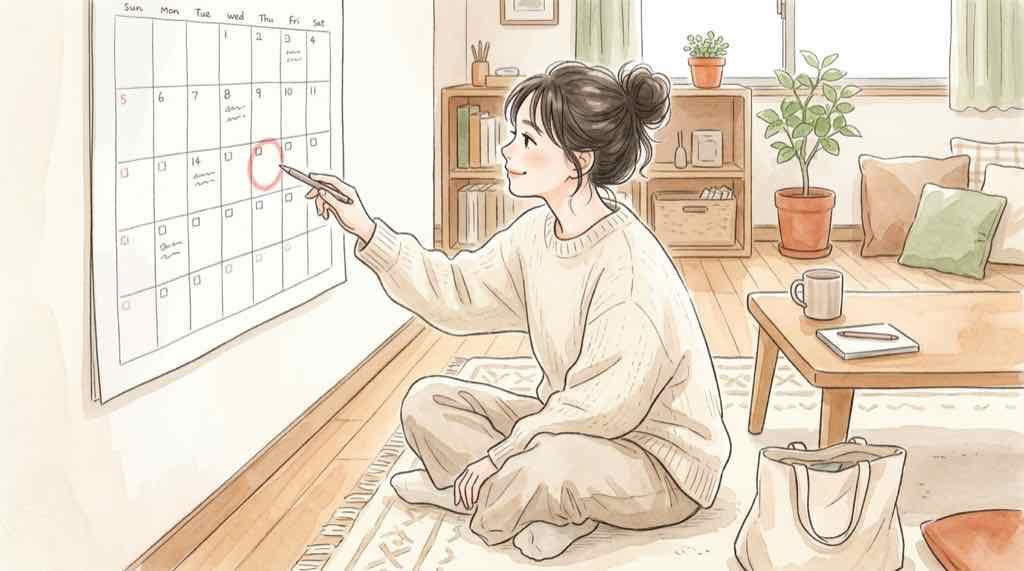 皇居の新年一般参賀2027の開催日と予約の有無を調べる女性のイラスト