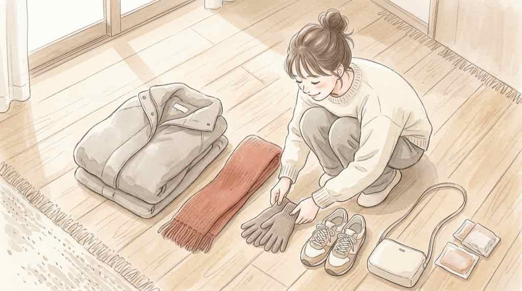 一般参賀の服装と持ち物を準備する女性のスニーカーと防寒小物