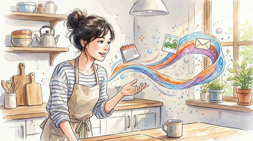 日本語Siri AIに話しかけて予定や写真を探す様子を描いたイメージ