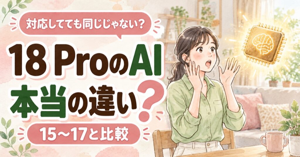 iPhone 18 Pro AI 違いを比べながら、新Siriの体験差を考える女性のイラスト