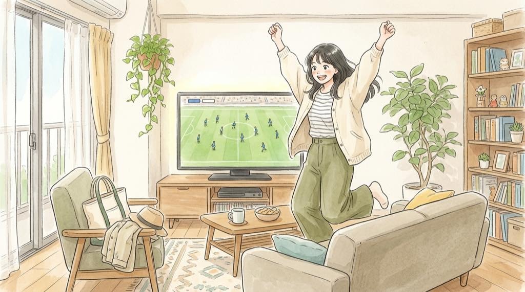 日本vsブラジルの放送と無料配信を調べて試合を楽しみに待つ女性のイラスト