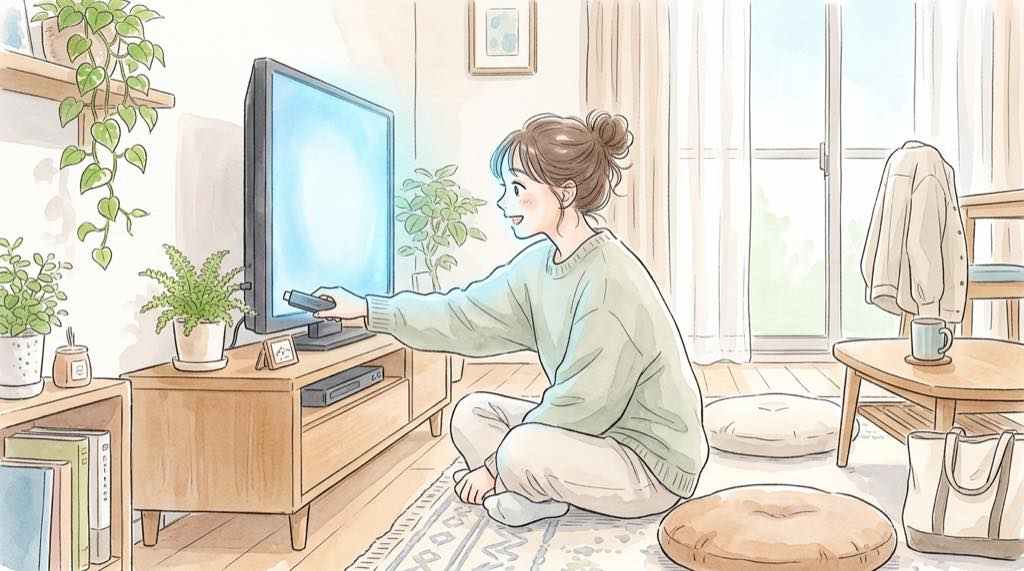 U-NEXTで日本ブラジル戦を無料で見る手順をスマホとテレビで確かめる女性のイラスト