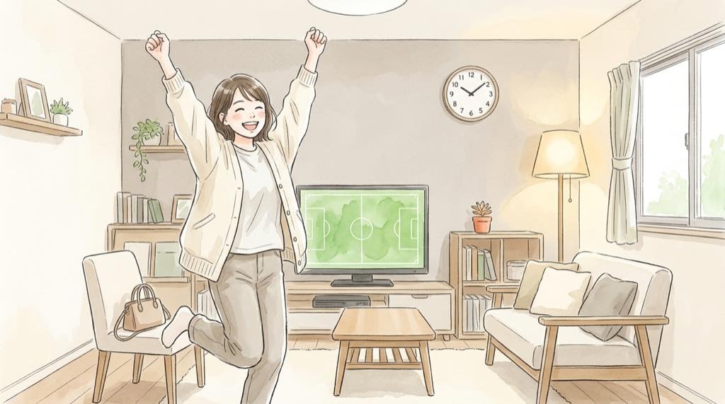 日本代表 パラグアイ 2026 テレビ放送は日本テレビ系!夜に日本代表戦を観戦する女性