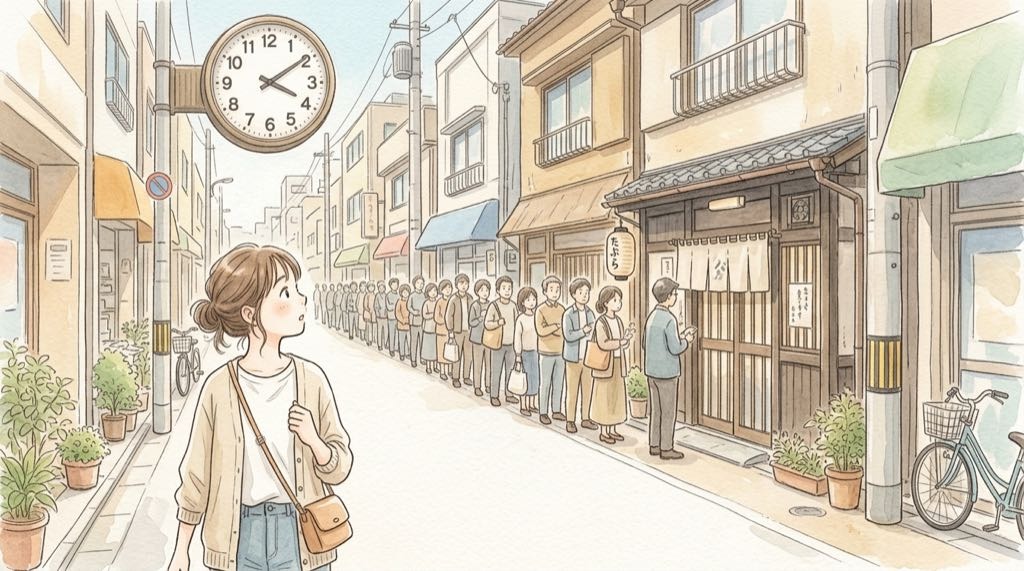 金子半之助は何時に行けば並ばない?日本橋の天丼行列を前にして驚く女性のイラスト