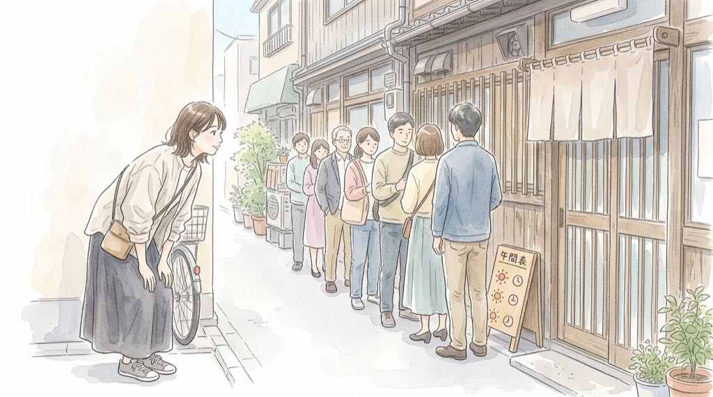 金子半之助は何時に行けば並びにくいか、日本橋総本店前の行列を描いたイラスト