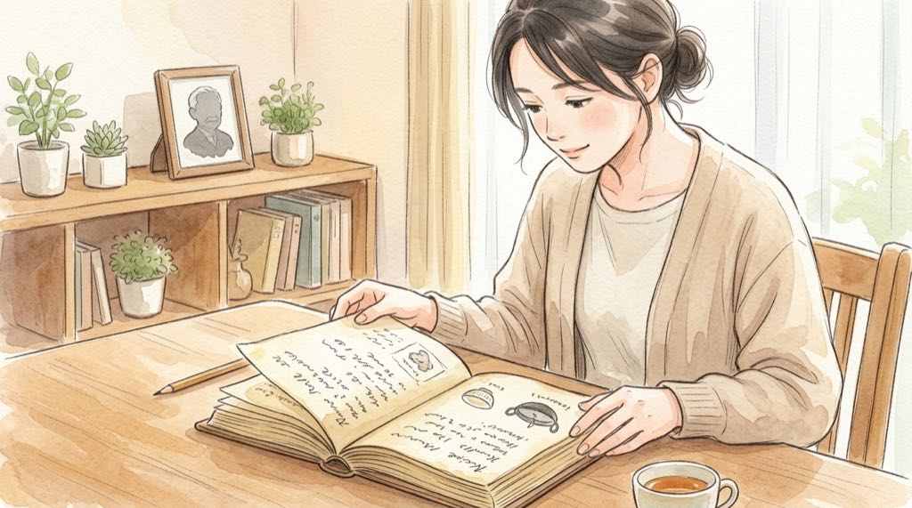 金子半之助の天丼はなぜ人気?祖父の閻魔帳を開く孫のイメージイラスト