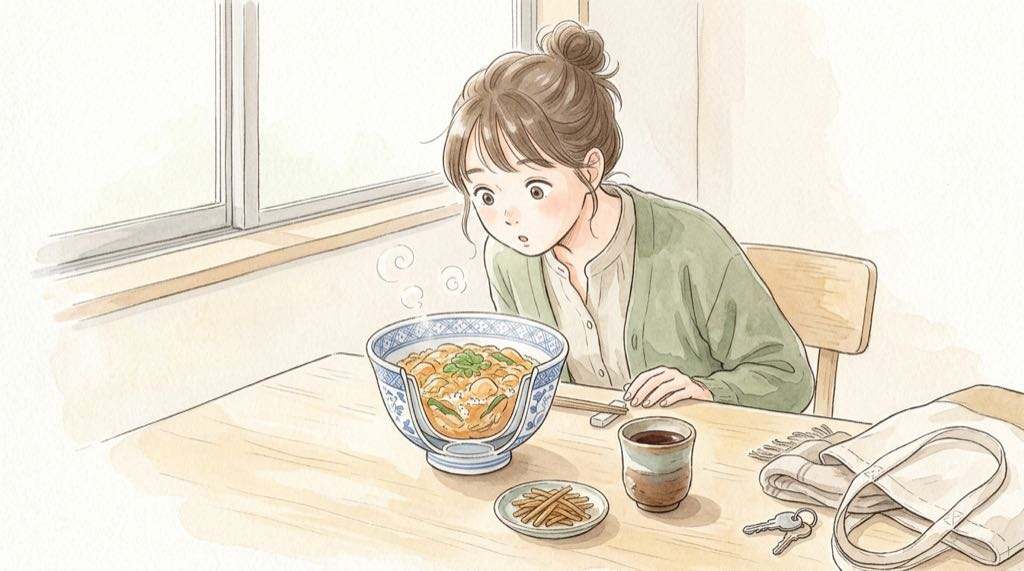 金子半之助の天丼の仕掛け、特注有田焼の二重構造の丼を描いたイラスト