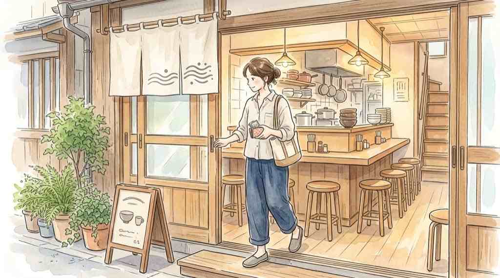 金子半之助に初めて行く前の注意点、カウンター席の小さな店内を描いたイラスト