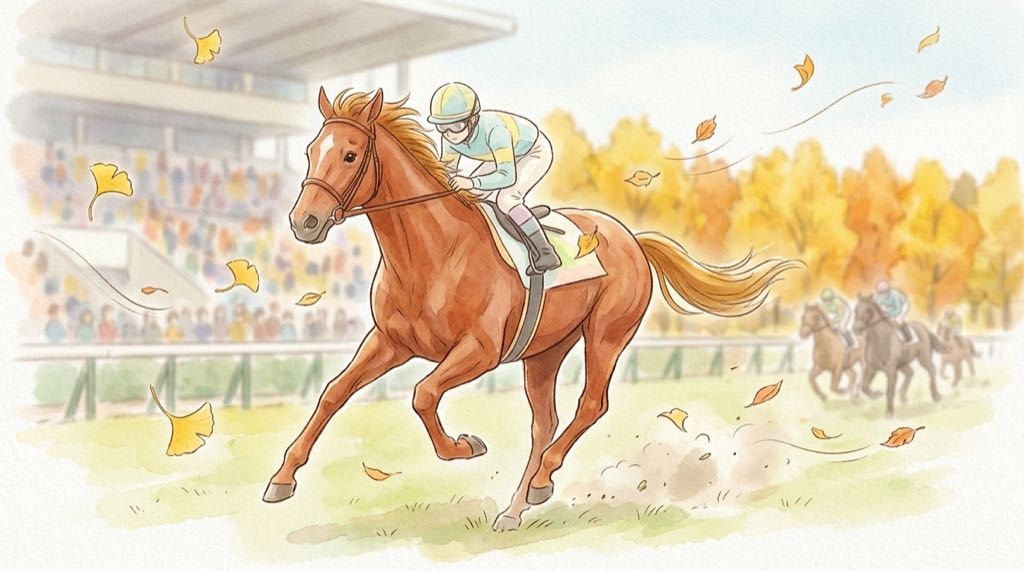 菊花賞2026でロブチェンの三冠に挑む競走馬をイメージしたイラスト