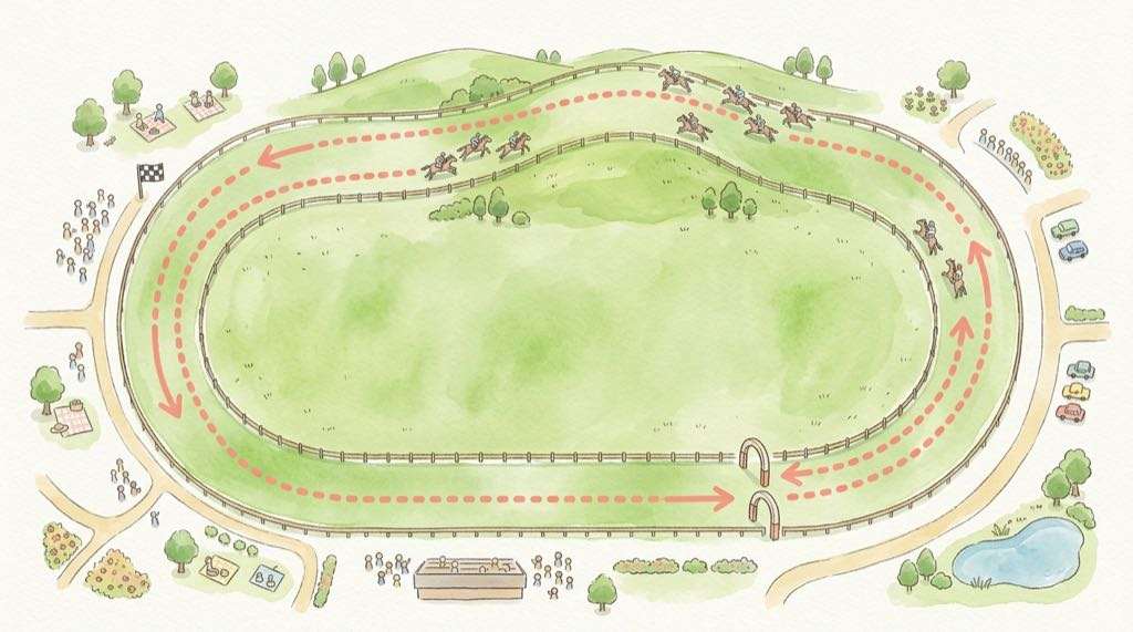 京都競馬場の芝3000mと淀の坂をイメージしたコース俯瞰図