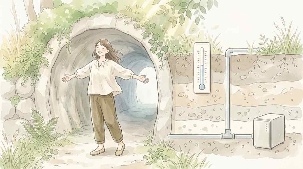 地下データセンターのメリットと冷却の仕組みを説明する水彩イラスト