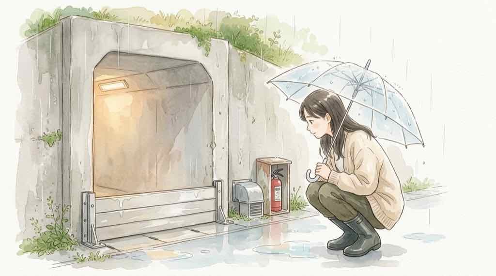 地下データセンターの地震・火災・浸水のリスクと対策を示すイラスト
