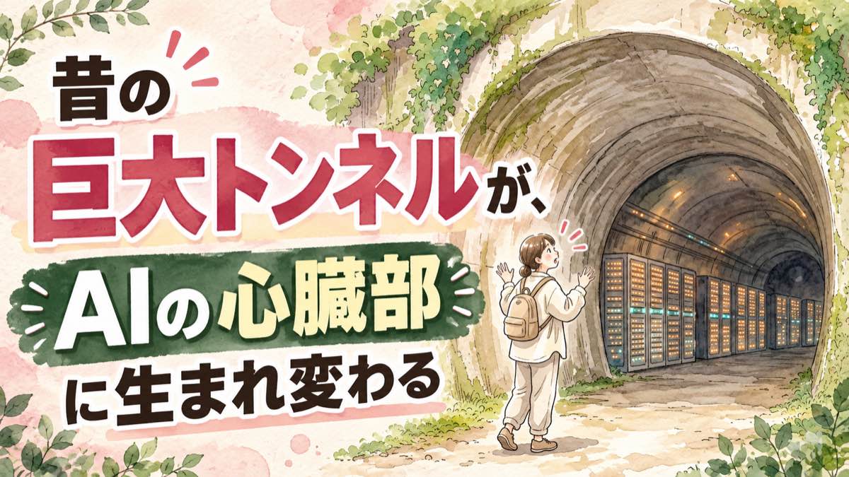 コンテナ型データセンターと全国の廃トンネル再利用の可能性を描いた水彩イラスト