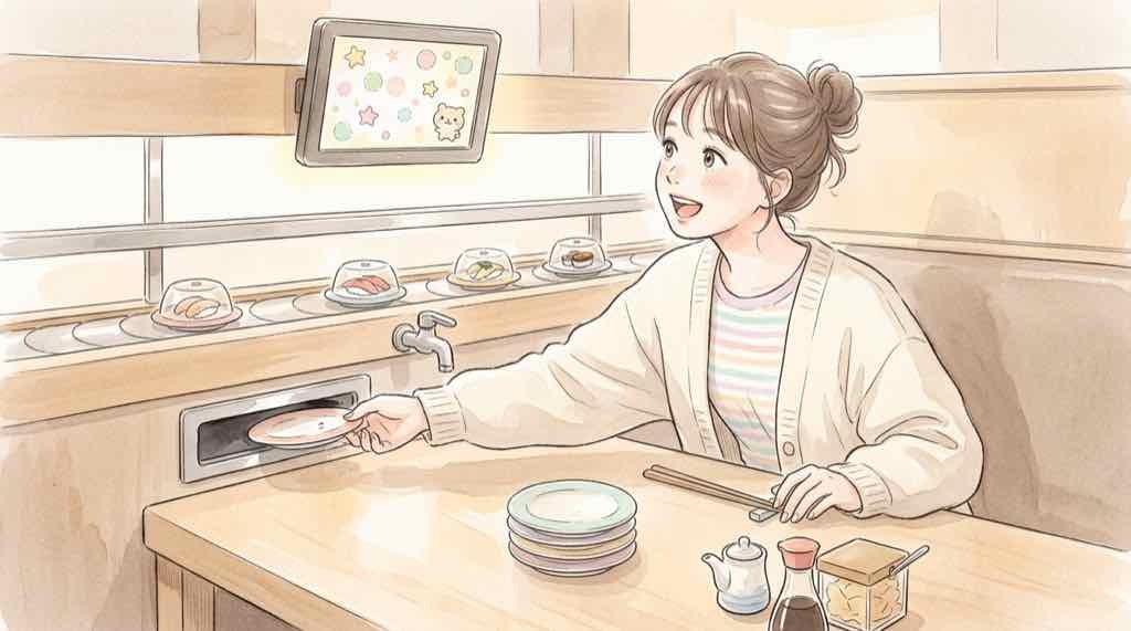 くら寿司 にじさんじ ビッくらポンの限定景品を狙って皿を入れる女性
