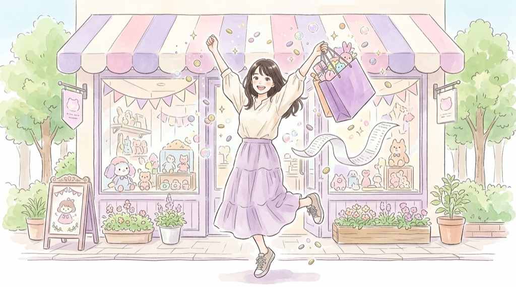 クロミ渋谷2026の4,400円以上購入特典 オリジナルショッパーとグッズを持つ女性のイラスト