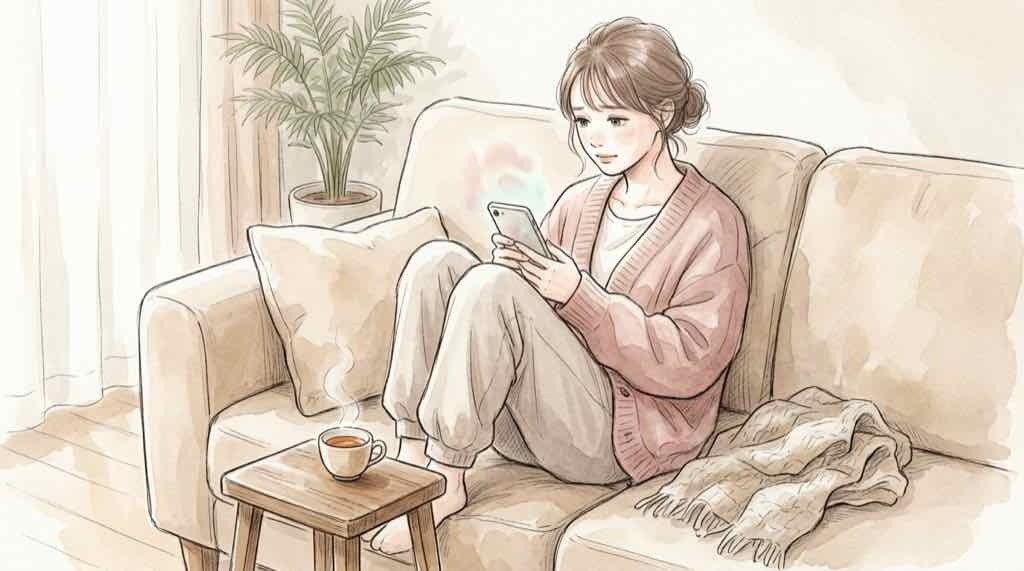 リンツ情報漏えいで会員情報に不安を感じる女性、まず落ち着いて確認する場面