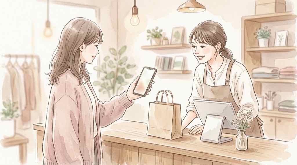リンツを装うなりすましメールを疑って慎重に確認する女性のイラスト