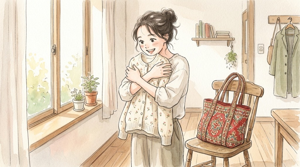 マロンクリーム第2弾を笑顔で楽しみにする女性のイラスト
