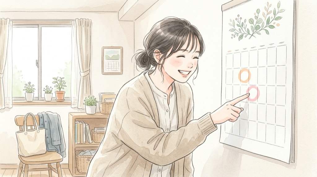 マロンクリーム第2弾の発売スケジュールを見比べる様子の水彩イラスト