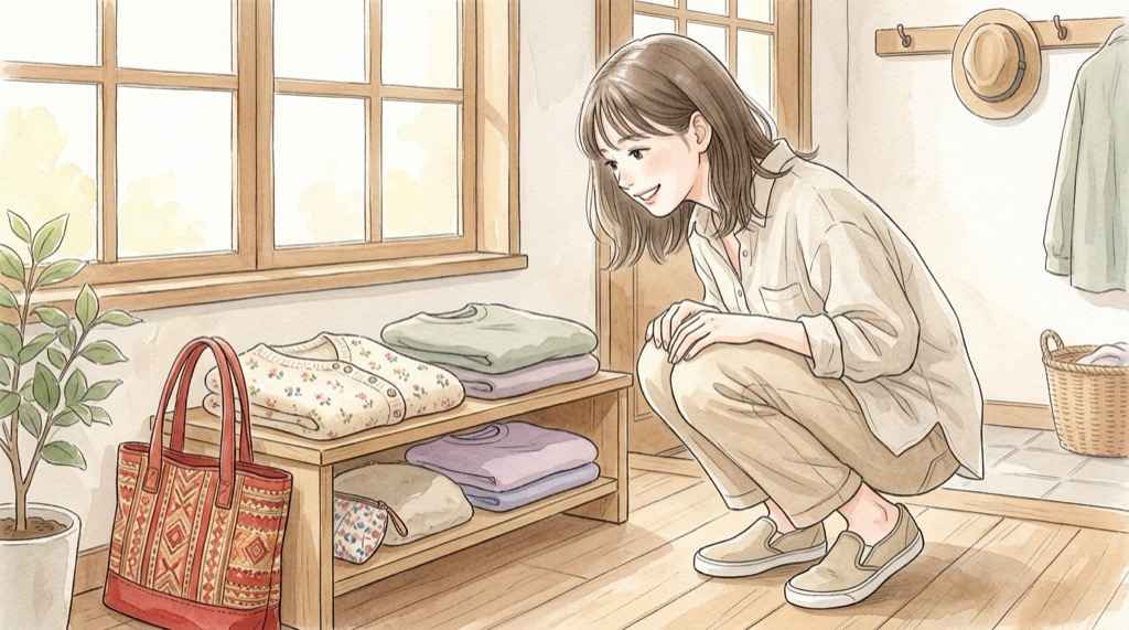 ゴブラン織りのバッグとポーチが並ぶマロンクリーム第2弾のイラスト