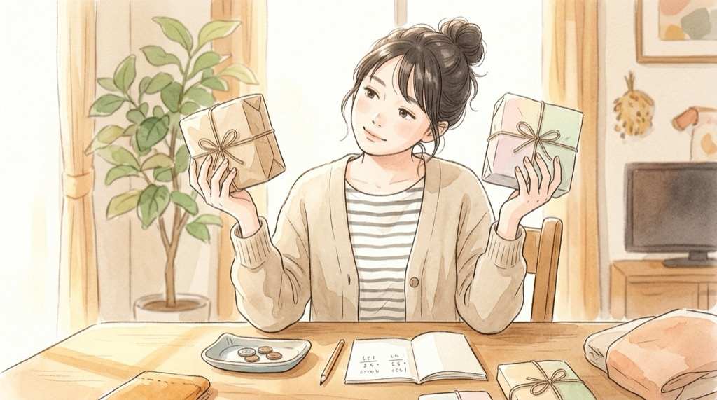 スマホとカードを前に通販の送料を見比べる様子のイラスト