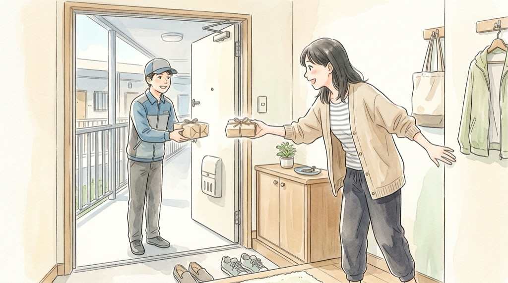 売り切れ表示の前で次の手を考える女性のイラスト