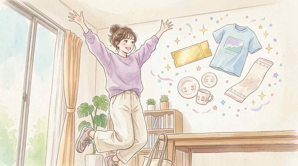 浜崎あゆみコラボのライブ参加権と限定グッズに目を輝かせる女性のイラスト