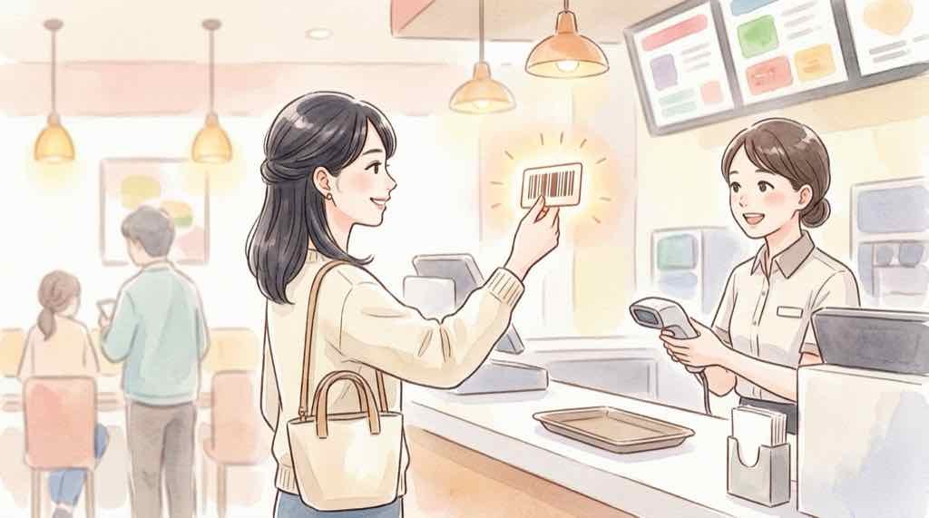 マクドナルドのレジ前でポイント獲得コードを提示する準備をする女性のイラスト