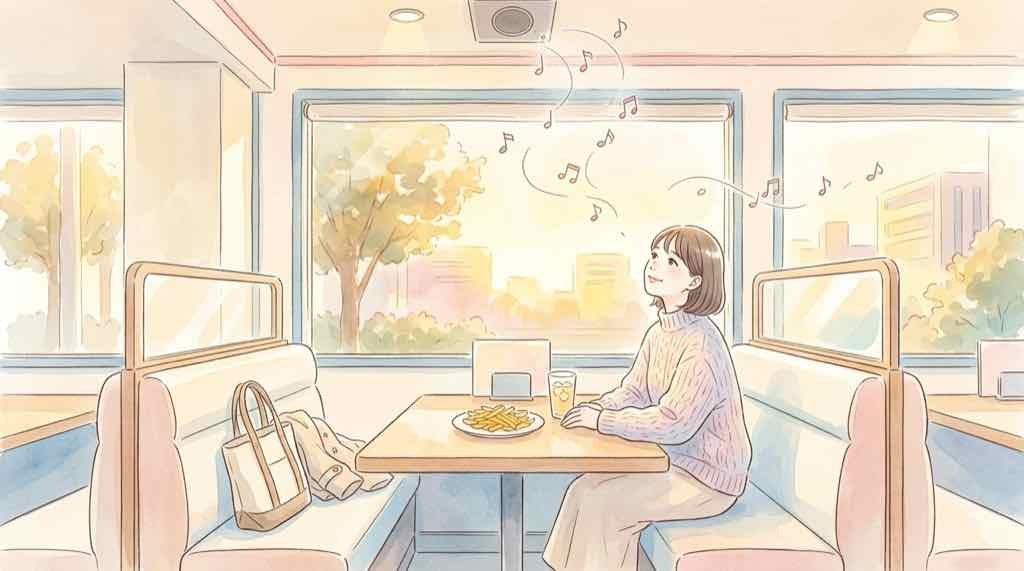 浜崎あゆみのミュージックバリューをマクドナルド店内で楽しむ女性のイラスト