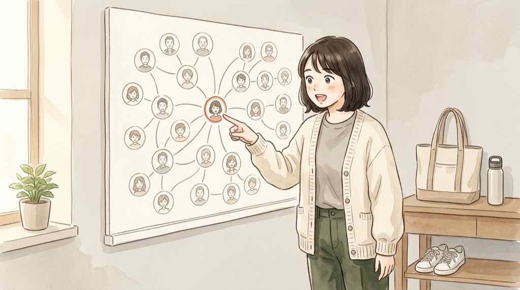 巡るスワン 相関図を主人公 小松美咲の上司や家族と一緒に整理するイメージ